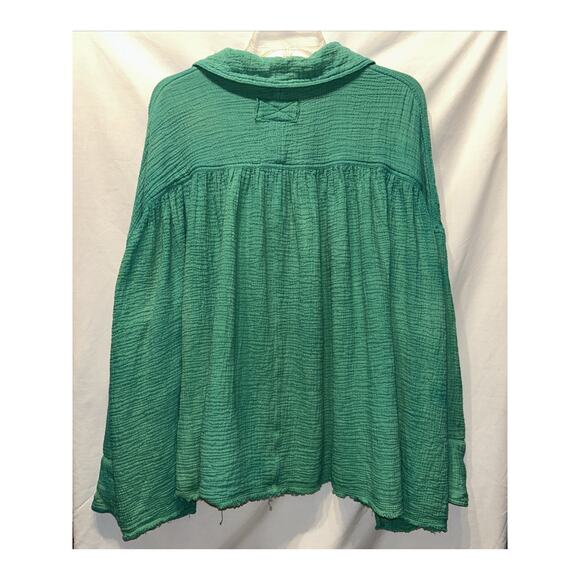 We The Free Medium Cardiff Cotton Gauze Shirt Green Oversized Lagenlook Raw Hem - Picture 10 of 12